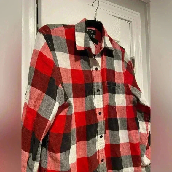 Lauren Ralph Lauren Black Red Plaid 100% Linen Button Down Long Sleeve Size M - Picture 2 of 12